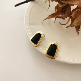 Stud Earrings Korean Version Of S925 Sterling Silver Fashion Temperament Geometric Trapezoidal Black Agate White Shell Female