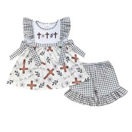 Wholesale Kids Embroidery Crosses Tops Boutique Shorts Children Spring Outfit Matching Baby Boy Girl Toddler Easter Set Clothing L2405