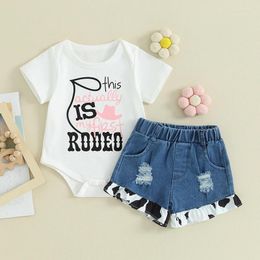 Clothing Sets Baby Girl 2 Piece Summer Set Short Sleeve Letter Print Romper Elastic Waist Frill Trim Ripped Denim Shorts Infant Outfits