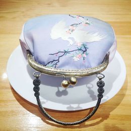 Chinese Vintage Purple Handbag With Hand-Embroidered White Pea & Peach Blossoms Kiss Lock Slip Coin Purse Qipao Accessories