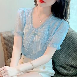 Women's Blouses Elegant Chic Lace Female 2024 Summer Ruffle Fairy Chiffon Shirt Korean Bubble Short Sleeve Beaded Bow Casual Top