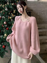 Women's Sweaters Pearl Patchwork Sweater O-neck Hollow Out Ropa Mujer Long Sleeve Pullover Sweet Loose Womens Clothing Spring Gentle