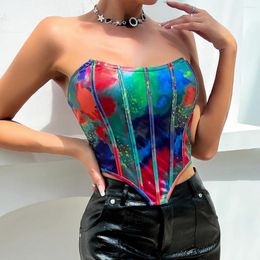 Women's Tanks Print Satin Corset Crop Top Ladies Sexy Bustier Back Zipper Slim Fit Fishbone Tank Summer Woman Clothes Camisole Street Vest