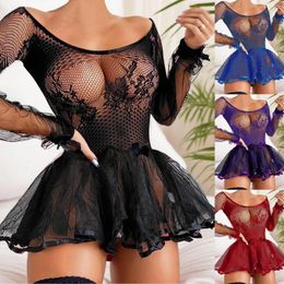 Bras Sets Plus Size Sexy Bodysuit Women Lace Mesh Fishnet Long Sleeve Teddy See Through Large Swing Nightgown Lingerie Lenceria