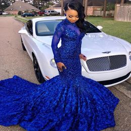 2020 Elegant Royal Blue Long Sleeves Lace Mermaid Prom Dresses Tulle Applique Beaded 3D Floral Floor Length Evening Party Dresses BC074 2362