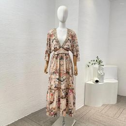 Casual Dresses Silk 2024 High Quality Vintage Lotus Root Pink Flower Butterfly Print 3/4 Sleeve Diamonds Pressed V-Neck Midi Dress