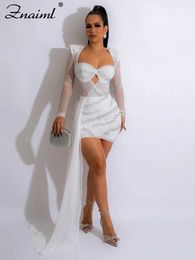 Basic Casual Dresses Znaiml 2023 Elegant Night Glow Mesh Patch Nightclub Party Skirt Sexy Crystal Diamond Celebrity Birthday Dress J240523