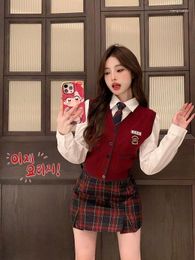 Clothing Sets Korean College Style Women Suit Red Sweater Vest Long-sleeved Shirt Plaid Skirt Three-piece Set Improved Jk School Uniform
