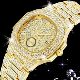 18K Gold Watches for Men Luxury Full Diamond Men's Watch Fashion Quartz Wristwatches AAA CZ Hip Hop Iced Out Male Clock reloj 255W