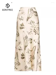 Skirts BirdTree 19MM Real Silk Skirt Women's Oblique Cutting Flower Printed Elegant Sweet Trumpet 2024 Summer B44933QC