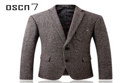 Oscn7 Winter Thicker Woollen Tweed Jackets Men 2017 Solid Grey Slim Fit Blazer Men Antiwear Sleeve Patches Design Mens Blazer9259229