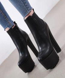 16cm woman ankle booties concise black PU leather thick platform chunky heels designer shoes size 34 to 406635719