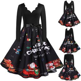 Casual Dresses Christmas Party 2024 Winter Print Women Costumes Robe Vintage 50s 60s Pinup Sexy V-Neck Long Sleeve Vestidos 3XL