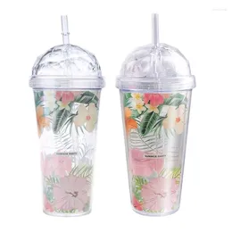 Water Bottles 420ml 2 Layer Cup Diamond Plastic Straw Insulated Glass Dropship