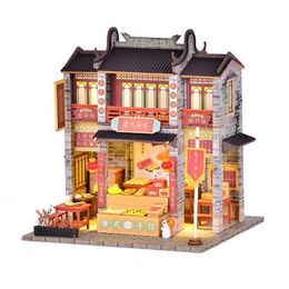 Doll House Accessories DIY Wooden Doll House Chinese Mini Building Kit Barbecue Breakfast Shop Doll House with Furniture Lights Toys Q0522