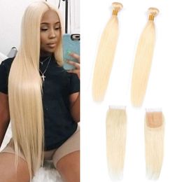 Indian Virgin Hair Silky Striaght Yirubeauty 613# Blonde Bundles With 4X4 Lace Closure Middle Three Free Part Straight Human Hair Wefts Fted