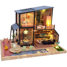 Doll House Accessories DIY Wooden Doll House Coastal Music Attic 3D Doll House Mini Furniture Set Assembly Toys Childrens Christmas Gift Casa Q240522