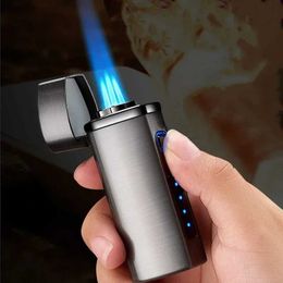 Lighters New 2024 Touch Sensing Metal Outdoor Windproof Electric USB Light Turbo Three Torch Blue Flame Jet Cigar Tool Gas Lamp for Men Q240522