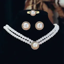 Necklace Earrings Set Imitation Pearl Jewelry Simulated Double Layer Women Rings Sets For Wedding Bridal Accessories