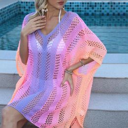 Soft Fabric Summer Dress Beach Cover Up Women's Sexy Gradient Knit Bikini Coverup Hollow Out Swimwear Tunic
