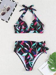 Women's Swimwear Vintage High Waist Bikini Set 2024 Women Black Leave Print Push Up Belt Two Piece Swimsuit Summer Bathing Swimming Suit