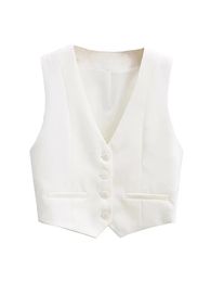 Aoaiiys Vest Women Cropped Waistcoat Fashion Front Buttons Tops Vintage V Neck Sleeveless Female Outerwear White Chic Vests 240523