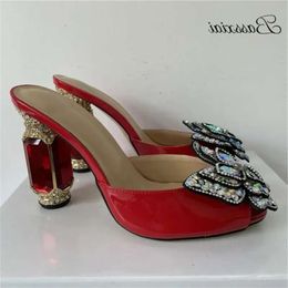 Handmade Women Crystal Butterfly-flower Sandals Bling Diamond High Heel Patent Leather Slingbacks Shoes S bea