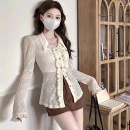 Women's Blouses Slim Waist Women Shirts Long Sleeve Tunic Lace 2024 Blusas Mujer De Moda Sweet Ruffles Korean Elegant Blouse Tops