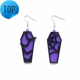 Gothic Purple Coffin Grave With Black Bat And Spider Web Asymmetric Acrylic Drop Earrings Halloween Party Earrings