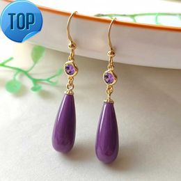 PJ-M090 Amethyst Gemstone Gold Plated Hanging Earrings Simple Crystal Drop Earrings for Women