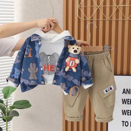 Clothing Sets Toddler Outfit 2024 Autumn Designer Baby Boys Clothes 4 To 5 Years Old Cartoon Cardigan Denim Coats T-shirts Pants Korean Set