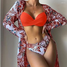 Women's Swimwear 3 Piece Sexy Bikinis Set Floral Print With Cover-up High Waist Swimming Sling For Women Summer Beachwear Bathing Suit