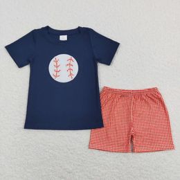 Clothing Sets Wholesale Baby Boy Cotton Short Sleeves Baseball Ball Shirt Kids Red Plaid Shorts Children Outfit Embroidery Summer Set