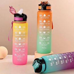 Water Bottles 1L Large Capacity Plastic Bottle Spring Cap Time Scale Label Sticker Space Cup Painted Gradient Color