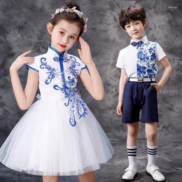 Clothing Sets Fashion Streetwear Hip Hop Catwalk Performance Poncho Dress For Girl Boys Chinese Style Print Stage Show Set Children's