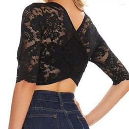 Women's Blouses Women Underwear Elegant Lace V-neck Crop Top With Flower Embroidery Thin Half Sleeves See-through Slim Fit For A