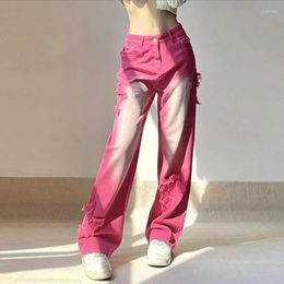 Women's Jeans Sweet Dizzy Dye Pink Gradient Color Low Waist Women Street Fashion Stars Stick Cloth Casual Straight Trousers