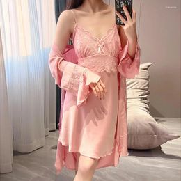 Women's Sleepwear Twinset Robe Set Women Lace Hollow Out Sleeve Kimono Nightgown Suit Summer Bathrobe Gown Nightdress Silky Satin