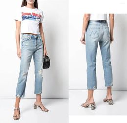Women's Jeans Women High-Waisted Light Blue Low Stretch Slim Straight Loose Nostalgic Denim Hole Trousers