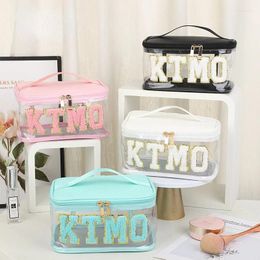 Cosmetic Bags Clear PVC Women Fashion Letter Patches Makeup Handbags Female Simple Large Capacity Travel Toiletries Pouch