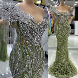 2024 Aso Ebi Olive Green Mermaid Prom Dress Beaded Crystals Sexy Evening Formal Party Second Reception 50th Birthday Engagement Thanksgiving Gowns Dresses ZJ103