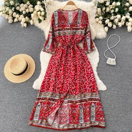 Casual Dresses Ethnic Style Long Sleeved Bohemian Waist Closing Dress Retro Printed High Loose Temperament Holiday
