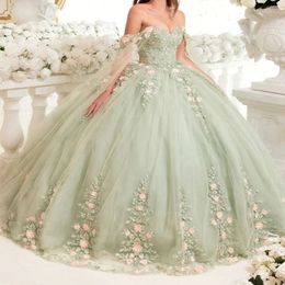 Sage Princess Shiny Ball Gown Quinceanera Dress 3D Flowers Applique Lace Tull With Cape Sweet 16 Dress Vestido De 15 Anos