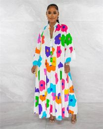 Casual Dresses 2024 Summer Women Tie Dye Floral Print Long A Line Dress Flare Sleeve Button Loose Big Swing Shirt Vestidos Ladies