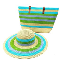 Wide Brim Hats Bucket Hats Colorful Striped Str Hat Bag Set Summer Hat Womens Handmade Bucket Bag Outdoor Sunscreen Hat Gorras para mujer J240522