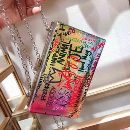 fashion Graffiti box women shoulder bags designer chains crossbody bag luxury Transparent pvc evening clutch female party purses 220427 3349