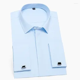 Men's Dress Shirts French Cufflinks Men Tuxedo Long Sleeve Covered Button Plain Solid Mens Shirt White Blue Pink Business Formal