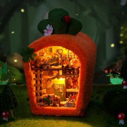 Doll House Accessories New DIY Wooden Mini Building Kit Doll House with Furniture Carrots Rabbit House Girls Birthday Gift Doll House Q240522