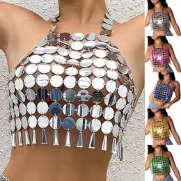 Women's Tanks Nightclub Acrylic Splicing Sexy Cropped Tops For Women Hollow Out Tassels Shiny Camisole Halter Metal Backless Vest Shirts