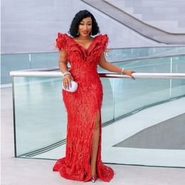 Red African Lace Prom Dresses With Deep V Neck Cap Sleeves Mermaid Evening Dress Sexy Side Split Sweep Train Dubai Arabic Formal Cockta 253S